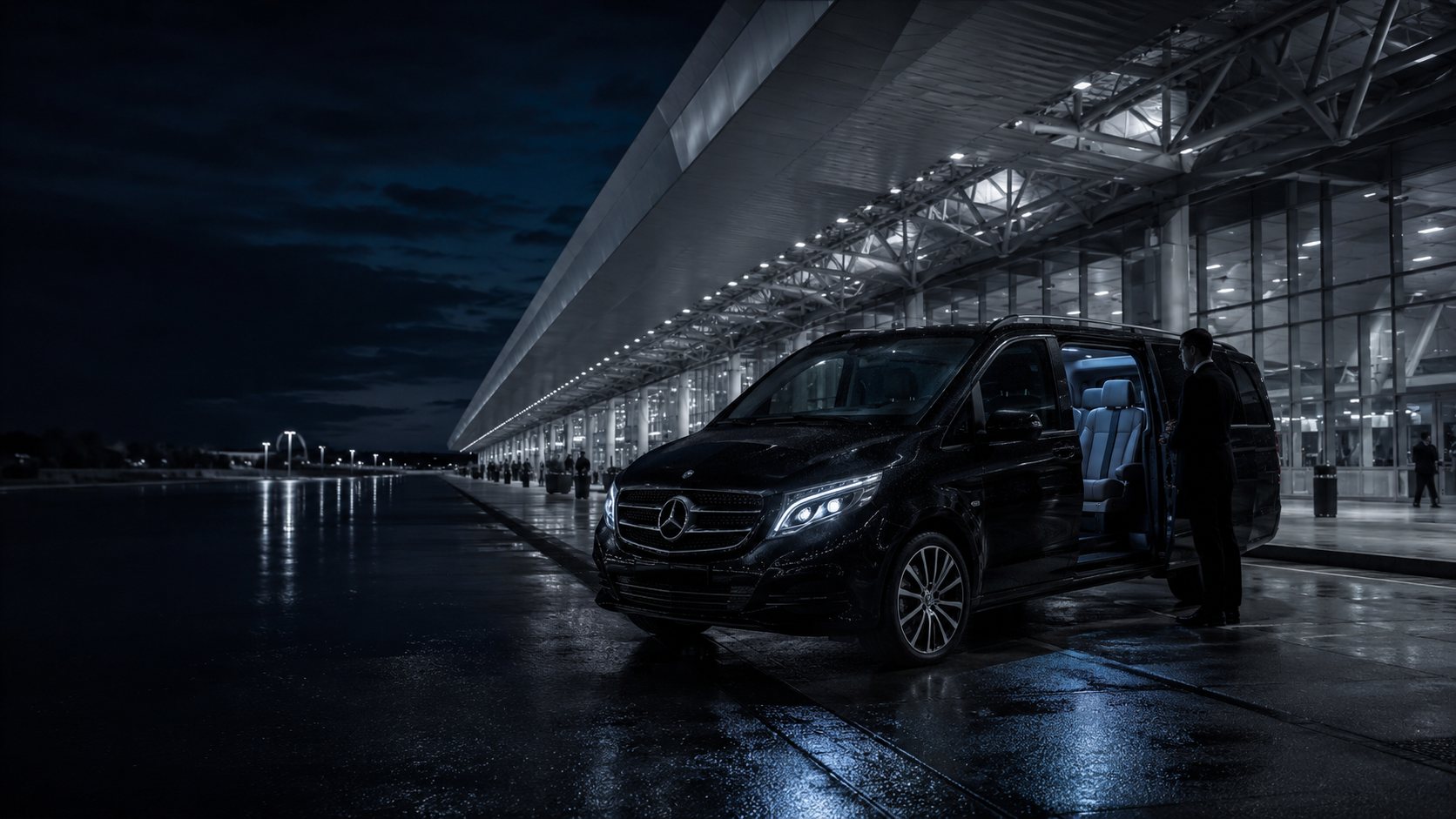 Ercan Havalimanı önünde GEF Transfer karşılama aracı, gece